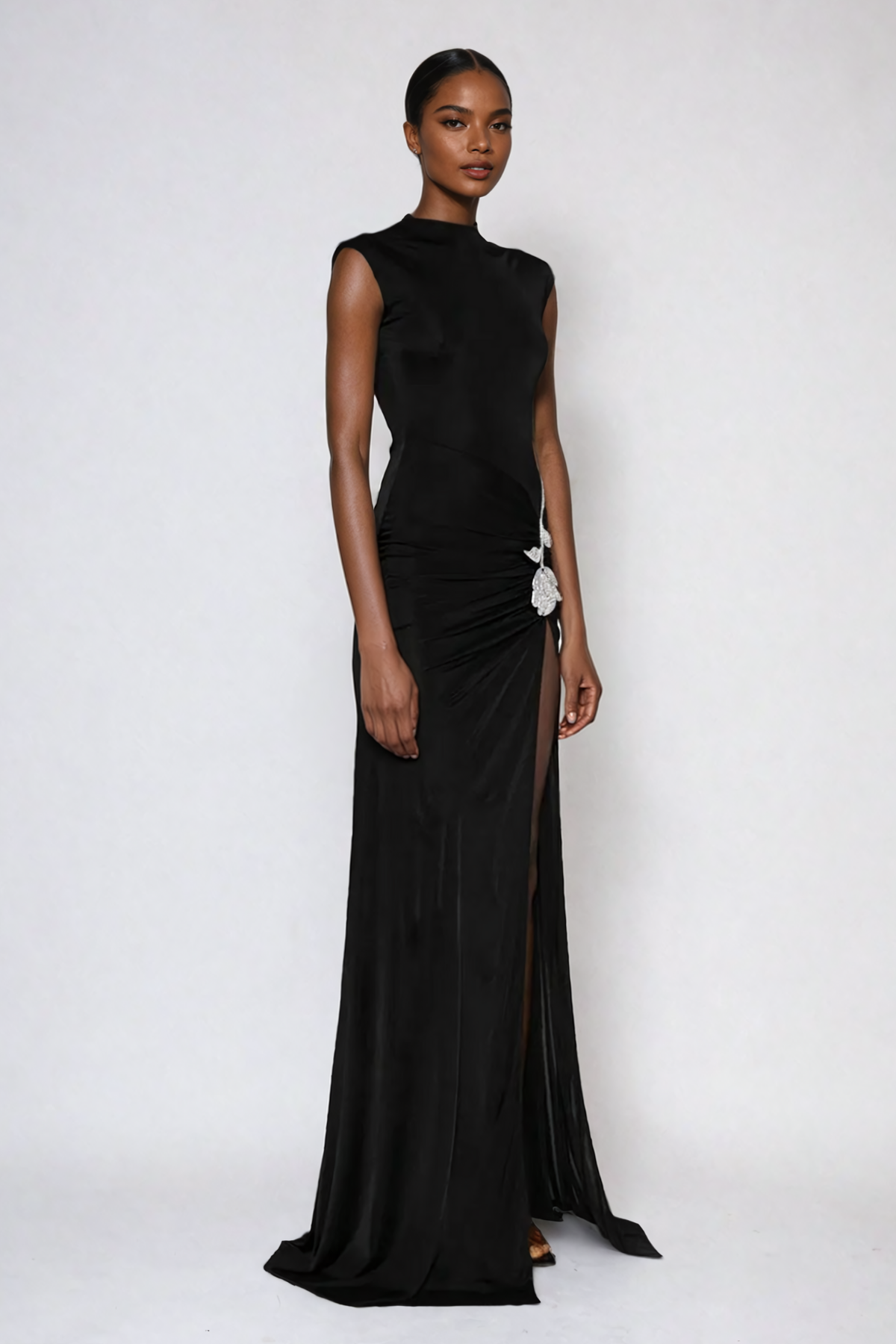 La Fleur Noire — Rhinestone Split Maxi Dress