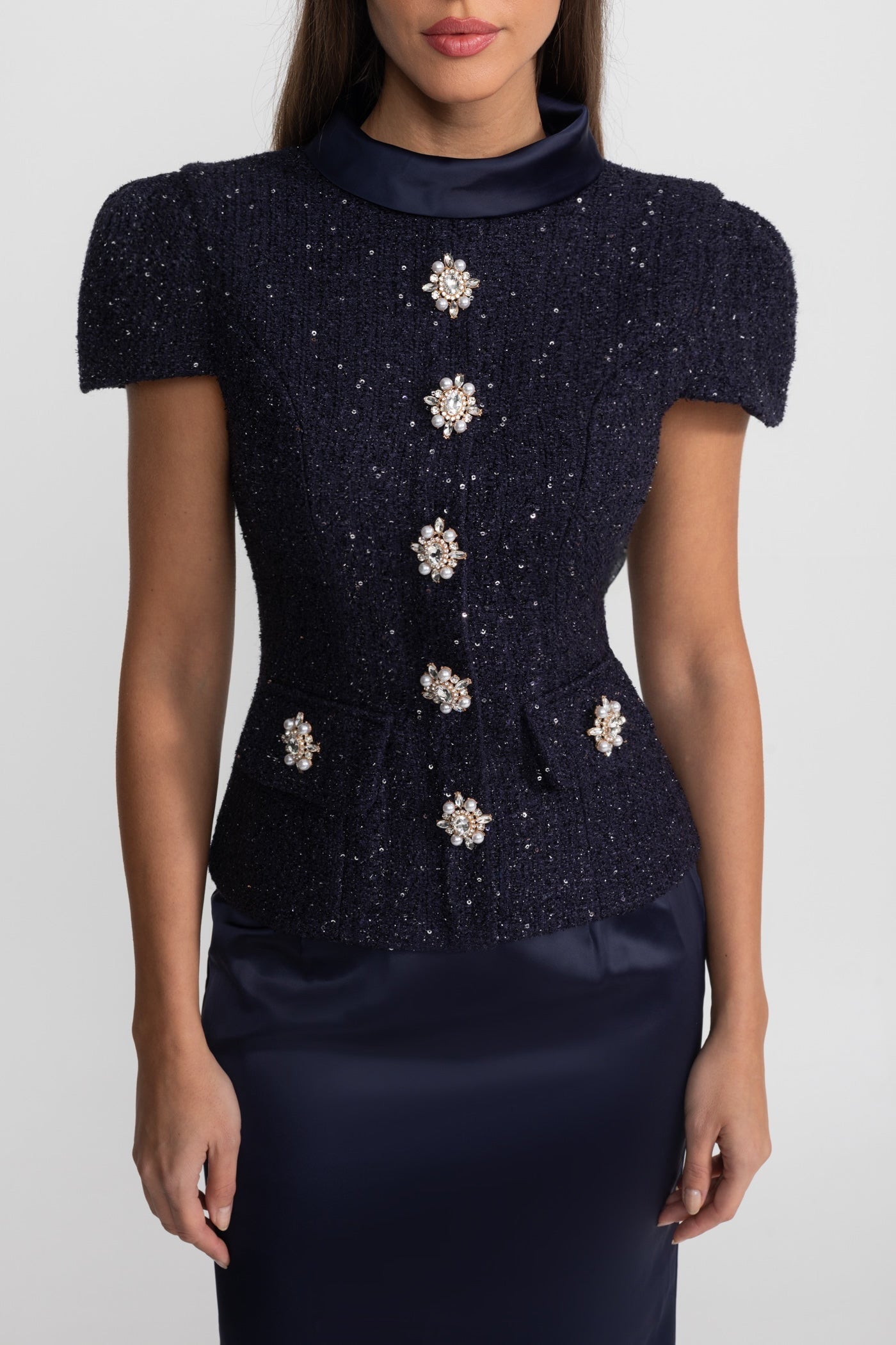 La Celeste — Tweed Embellished Co-Ord in Navy