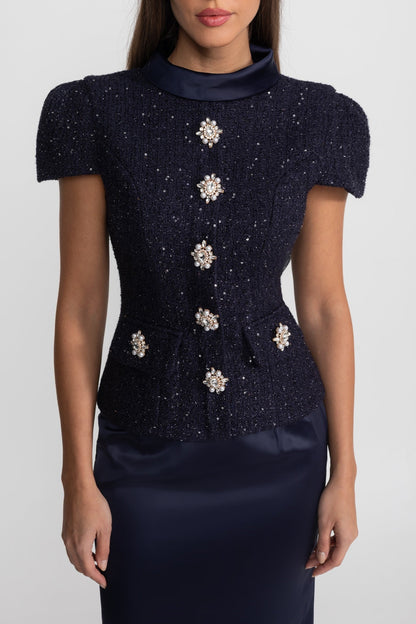La Celeste — Tweed Embellished Co-Ord in Navy
