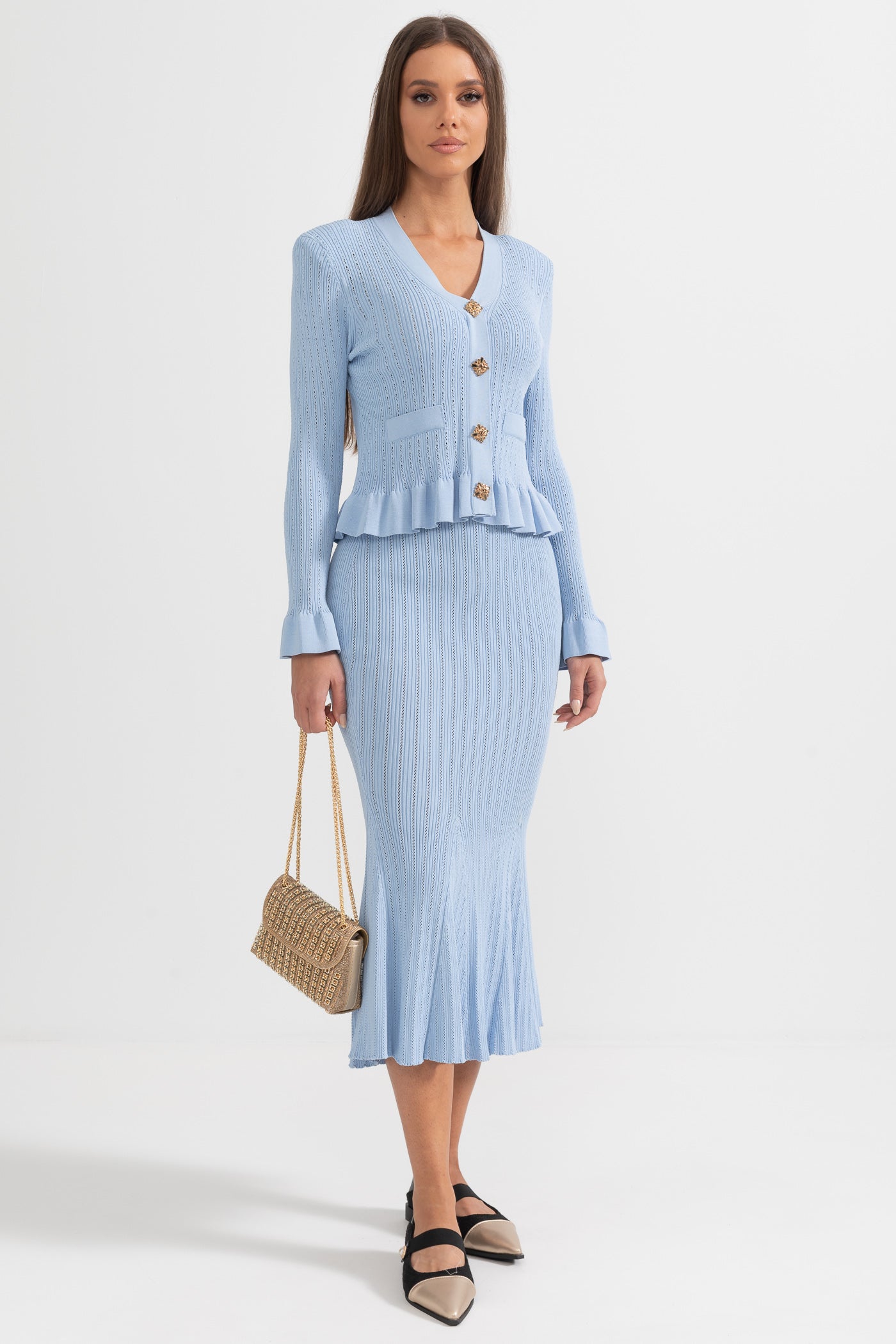 La Mirelle — Ribbed Knit Peplum Set in Sky Blue