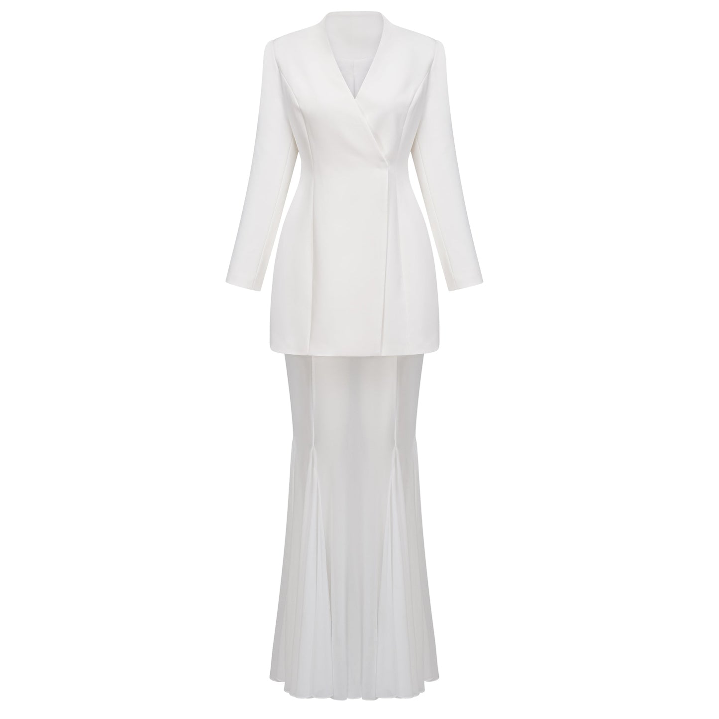 La Ombre Tailleur — Structured jacket and sheer godet skirt set