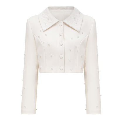 La Allure Blanche — Pearl-trim cropped jacket and pleated maxi skirt