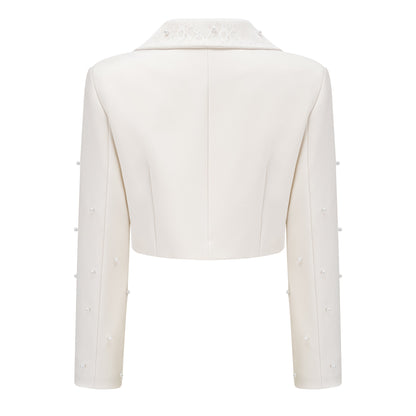 La Allure Blanche — Pearl-trim cropped jacket and pleated maxi skirt