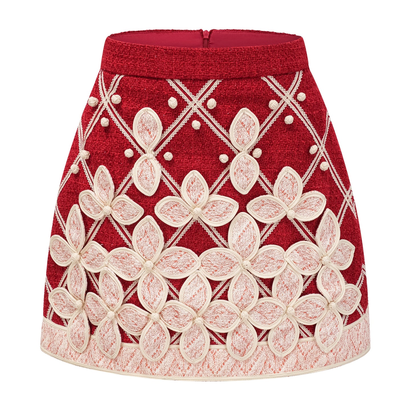 La Rosée — Bow-tie crochet blouse and petal mini skirt
