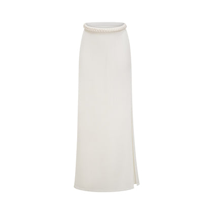 La Crochet Aurore — Pearl-strap crochet top and maxi skirt