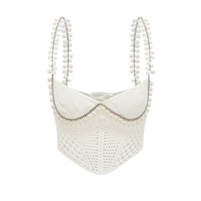 La Crochet Aurore — Pearl-strap crochet top and maxi skirt