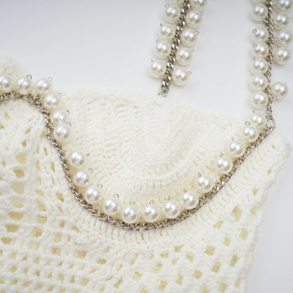 La Crochet Aurore — Pearl-strap crochet top and maxi skirt