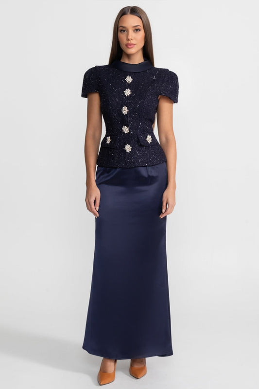 La Celeste — Tweed Embellished Co-Ord in Navy