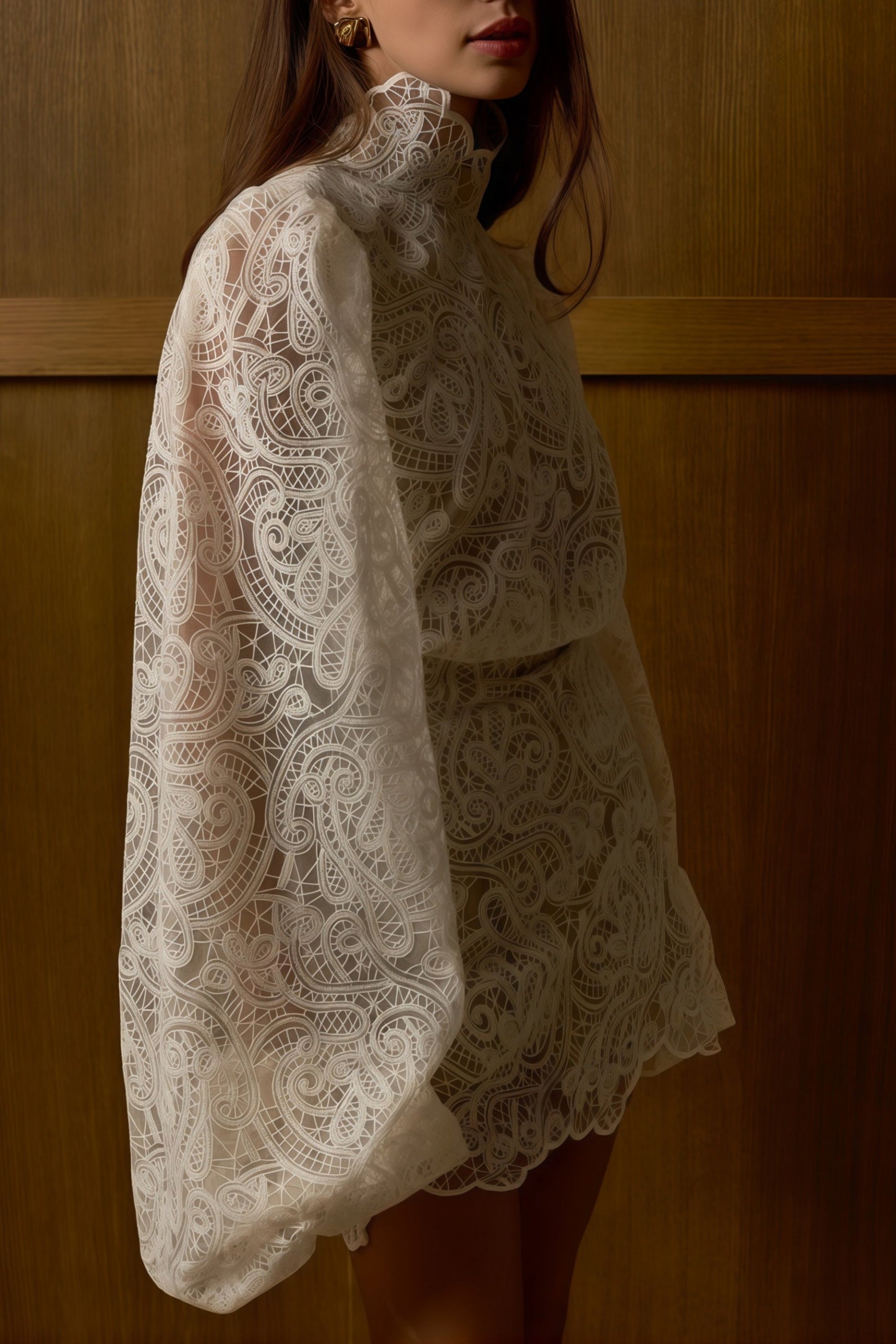 La Dentelle Claire — Embroidered lace blouse and mini skirt