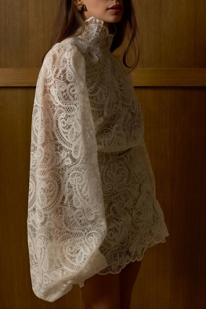 La Dentelle Claire — Embroidered lace blouse and mini skirt