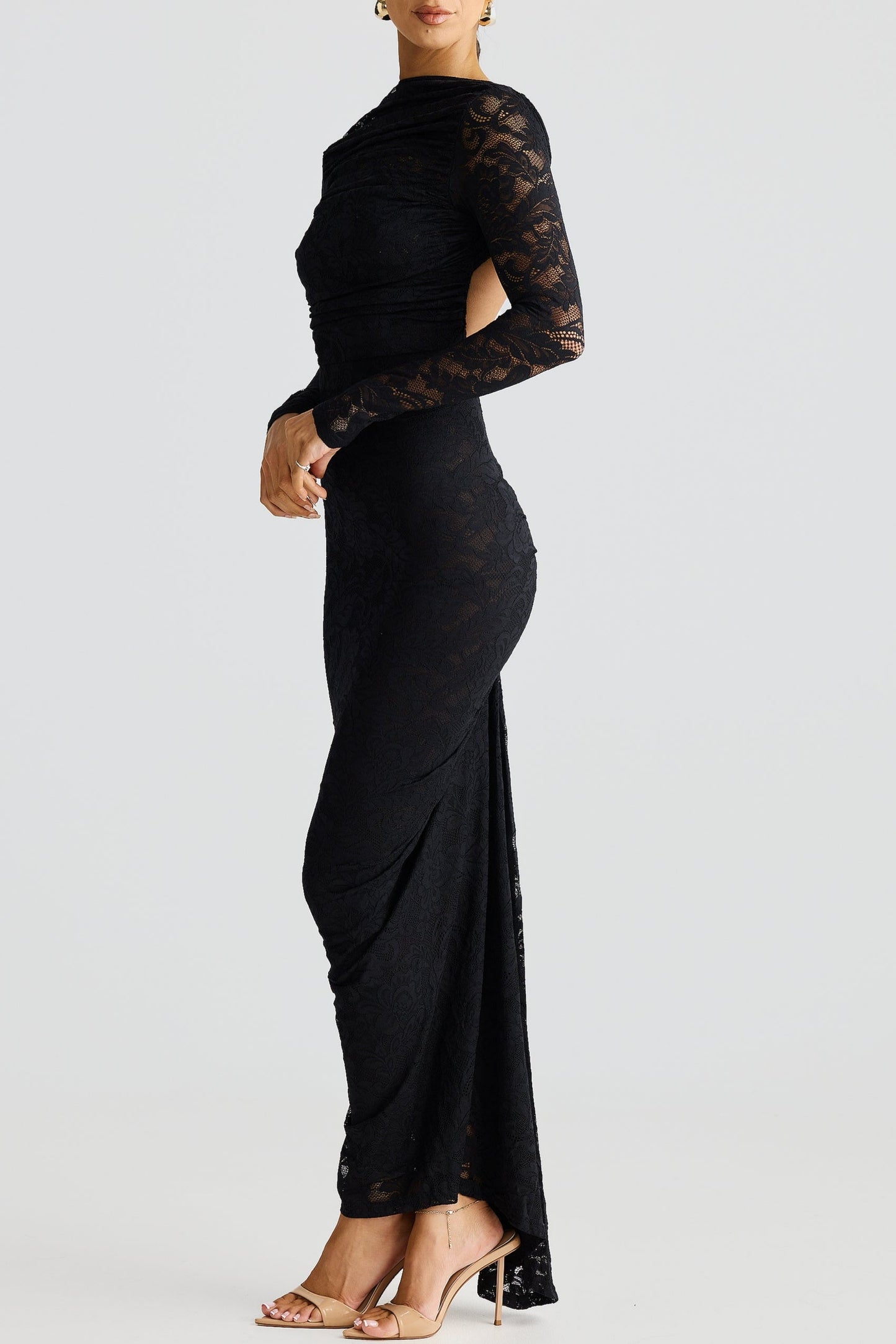 La Seraphine — Sheer Lace Maxi with Gathered Detail