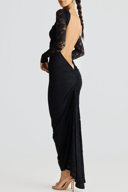 La Seraphine — Sheer Lace Maxi with Gathered Detail