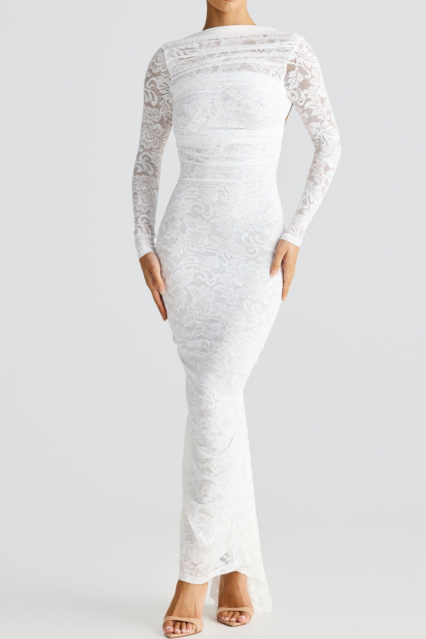 La Seraphine — Sheer Lace Maxi with Gathered Detail