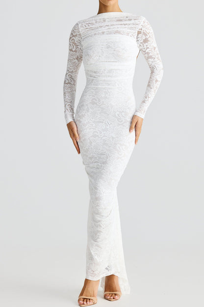 La Seraphine — Sheer Lace Maxi with Gathered Detail