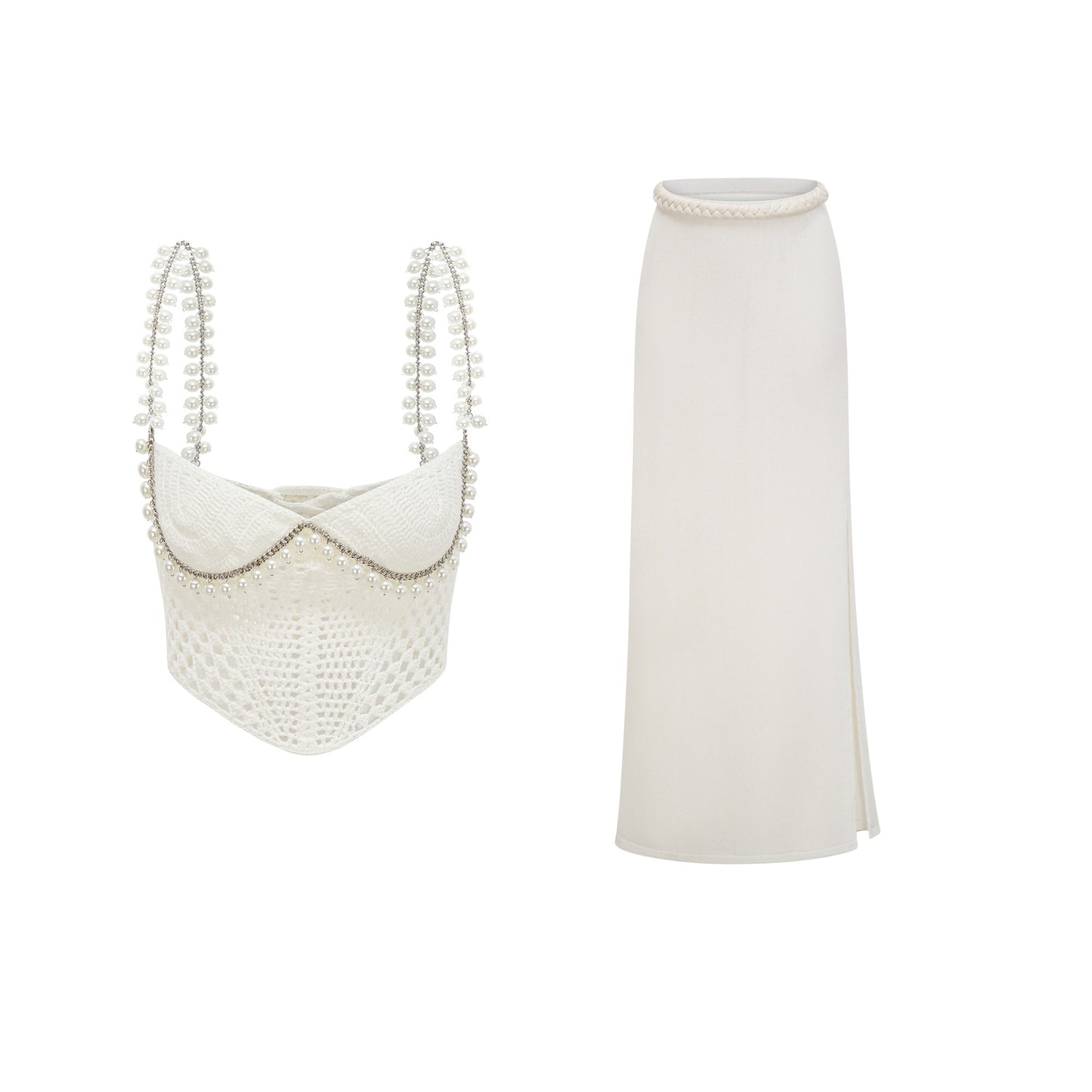 La Crochet Aurore — Pearl-strap crochet top and maxi skirt