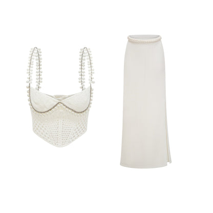 La Crochet Aurore — Pearl-strap crochet top and maxi skirt