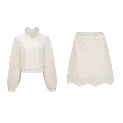 La Dentelle Claire — Embroidered lace blouse and mini skirt