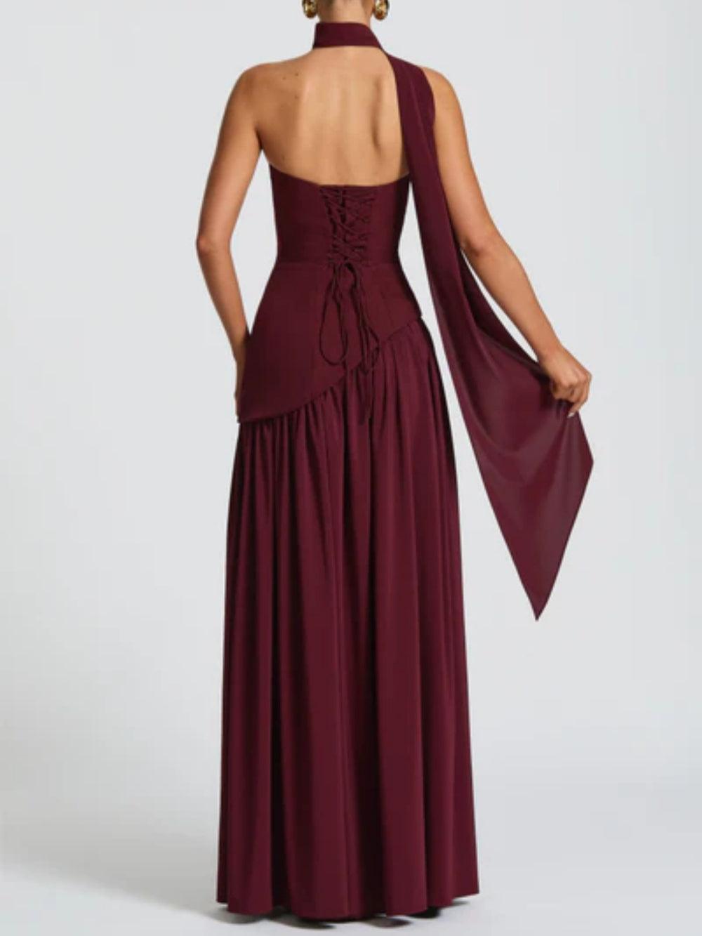 La Maliyah — Strapless Draped Maxi in Cherry Lacquer