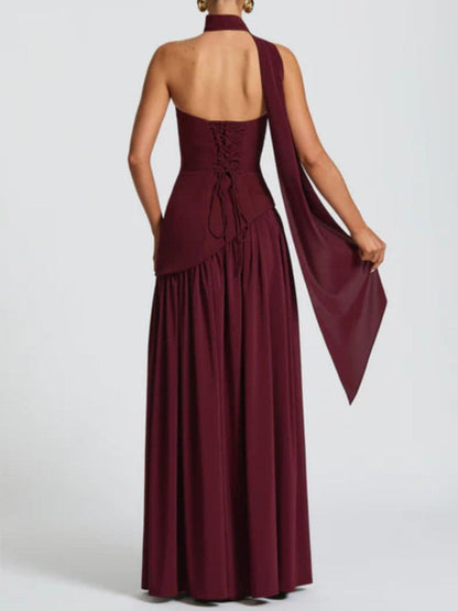 La Maliyah — Strapless Draped Maxi in Cherry Lacquer