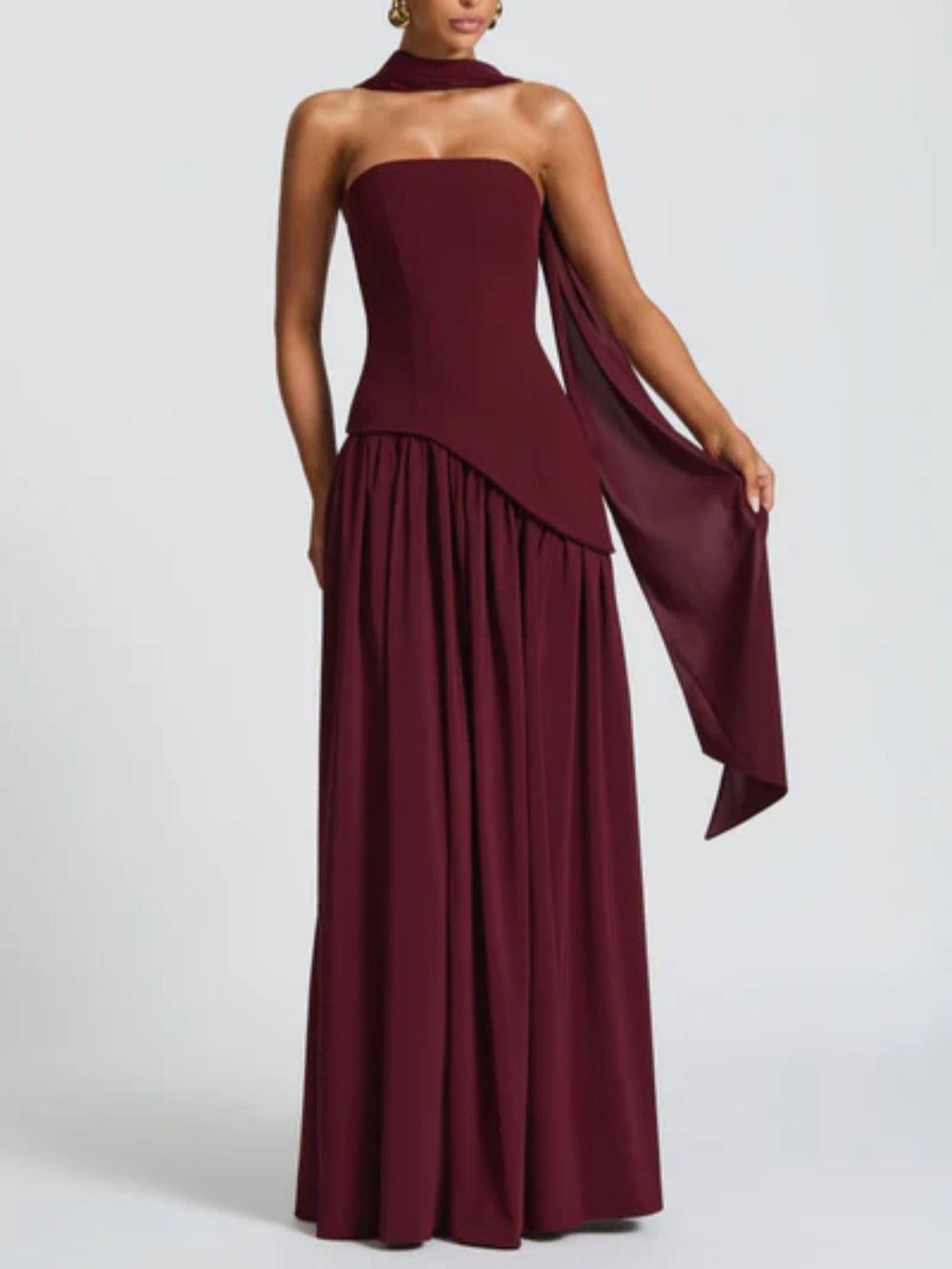 La Maliyah — Strapless Draped Maxi in Cherry Lacquer