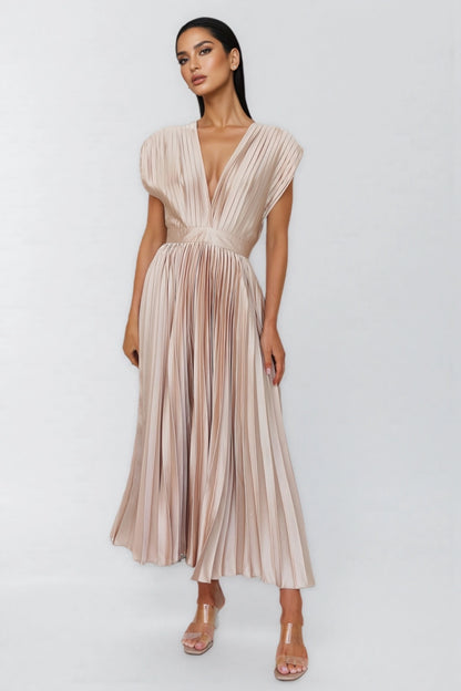 La tiya— Pleated Maxi Dress in Brown