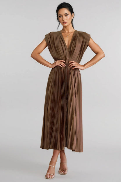 La tiya— Pleated Maxi Dress in Brown
