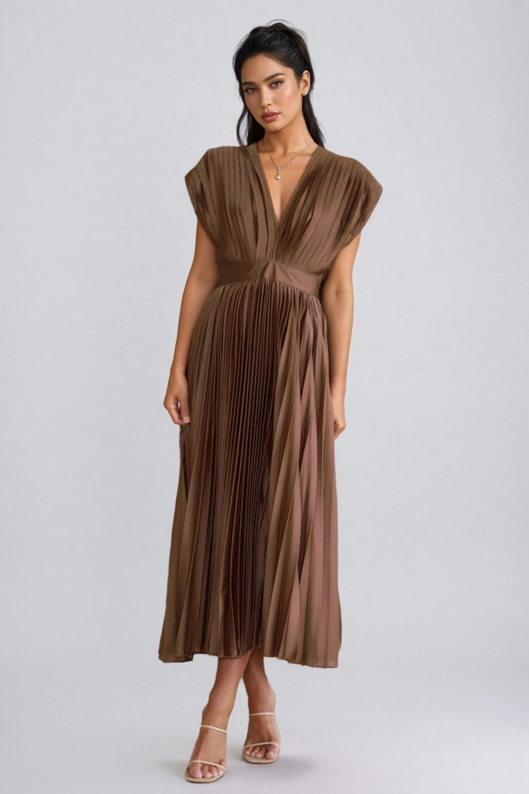 La tiya— Pleated Maxi Dress in Brown