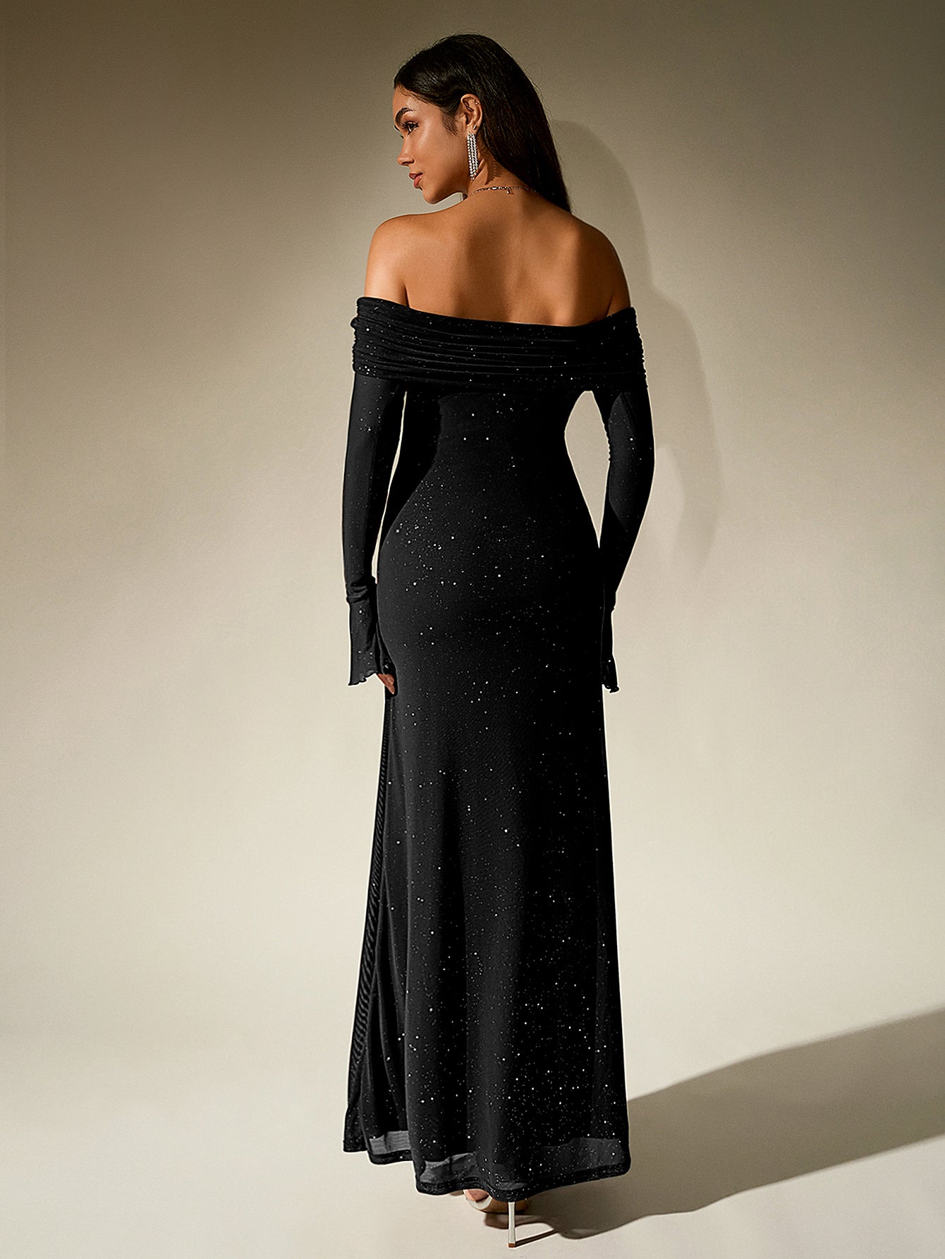 La Noire — Off-Shoulder Sparkle Maxi Dress