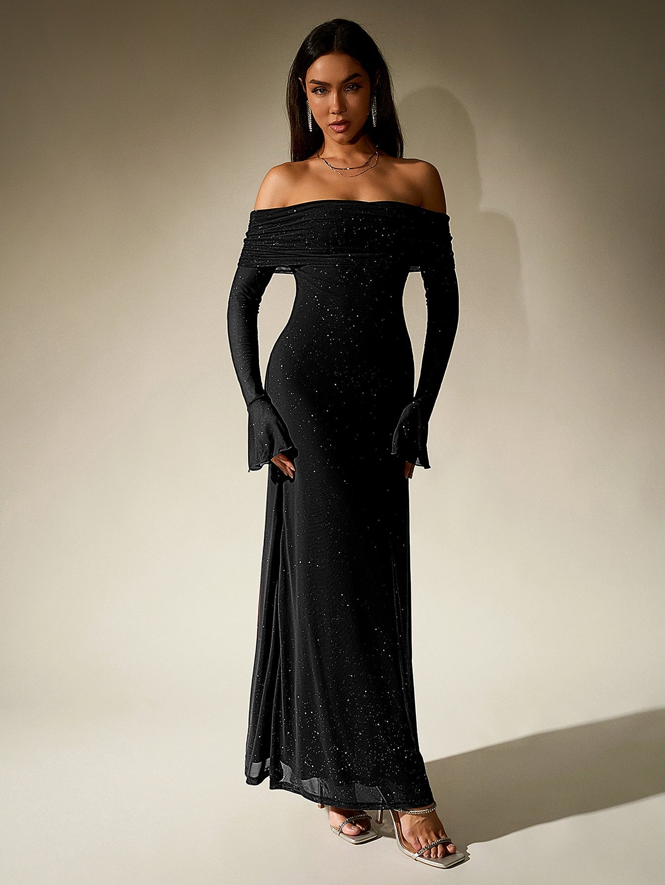 La Noire — Off-Shoulder Sparkle Maxi Dress