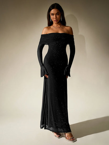 La Noire — Off-Shoulder Sparkle Maxi Dress