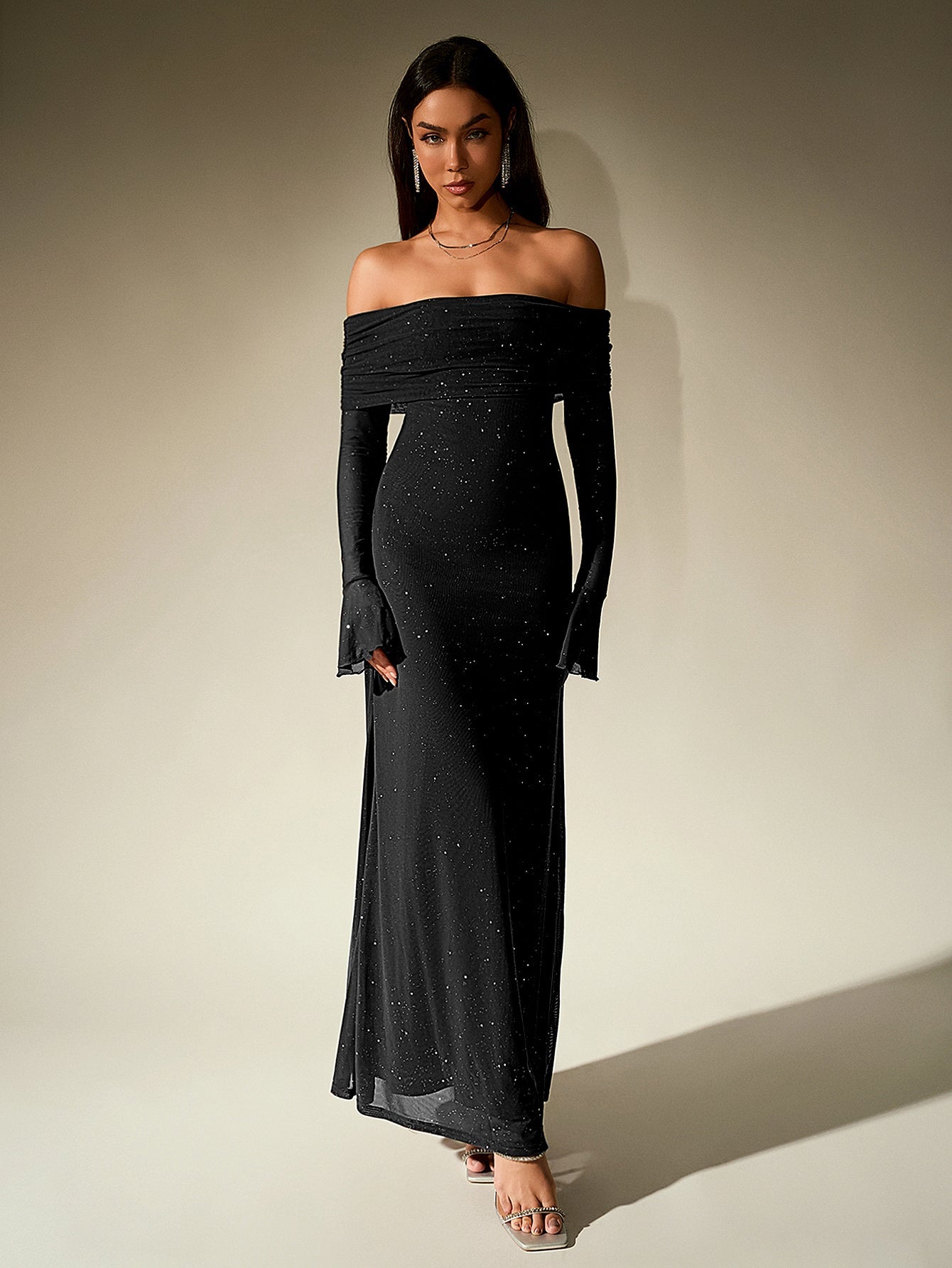 La Noire — Off-Shoulder Sparkle Maxi Dress