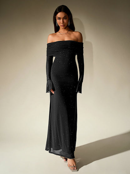 La Noire — Off-Shoulder Sparkle Maxi Dress