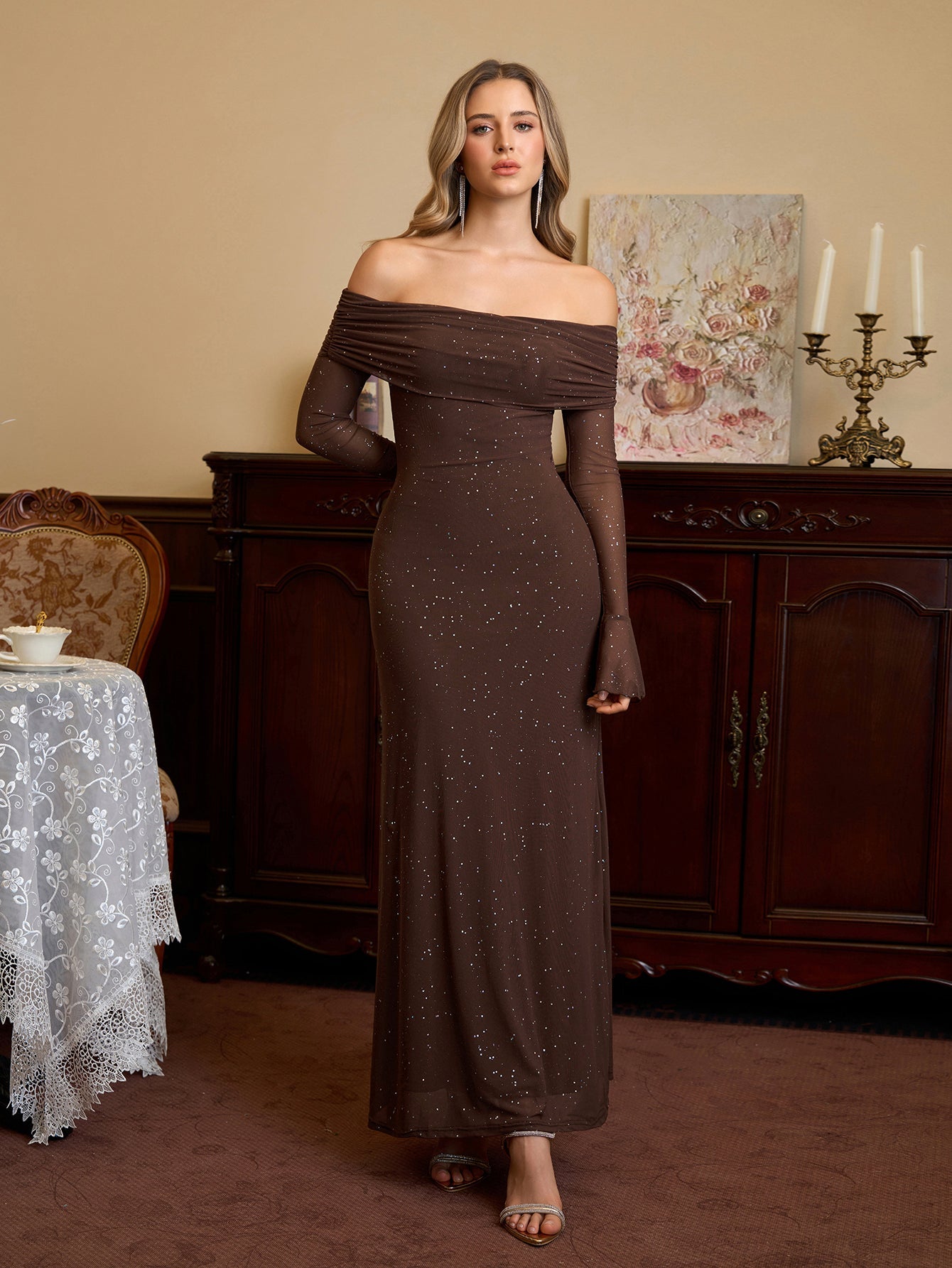 La Noire — Off-Shoulder Sparkle Maxi Dress