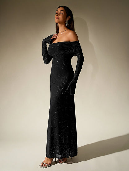 La Noire — Off-Shoulder Sparkle Maxi Dress