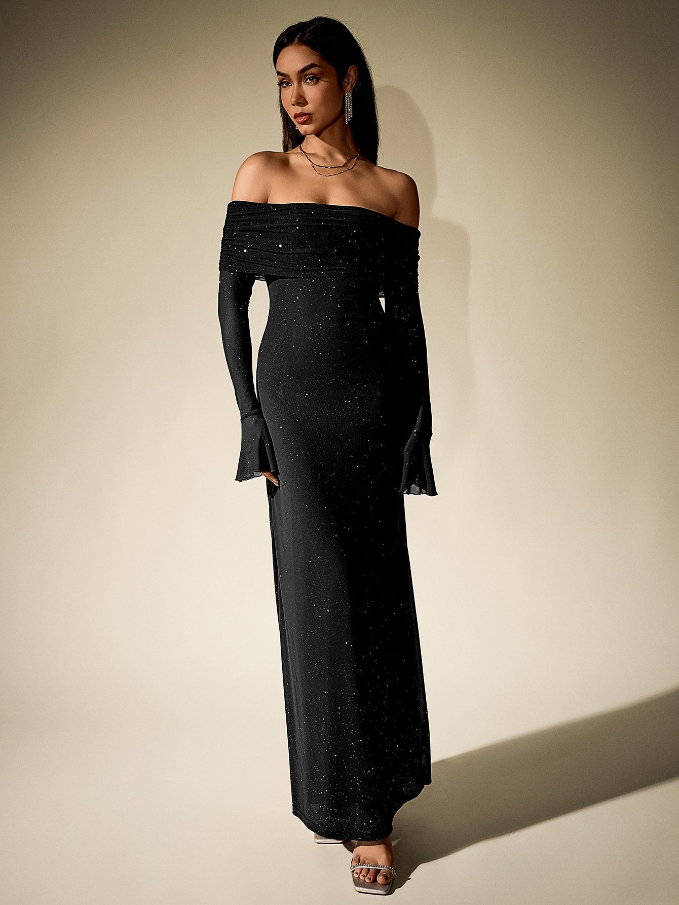 La Noire — Off-Shoulder Sparkle Maxi Dress