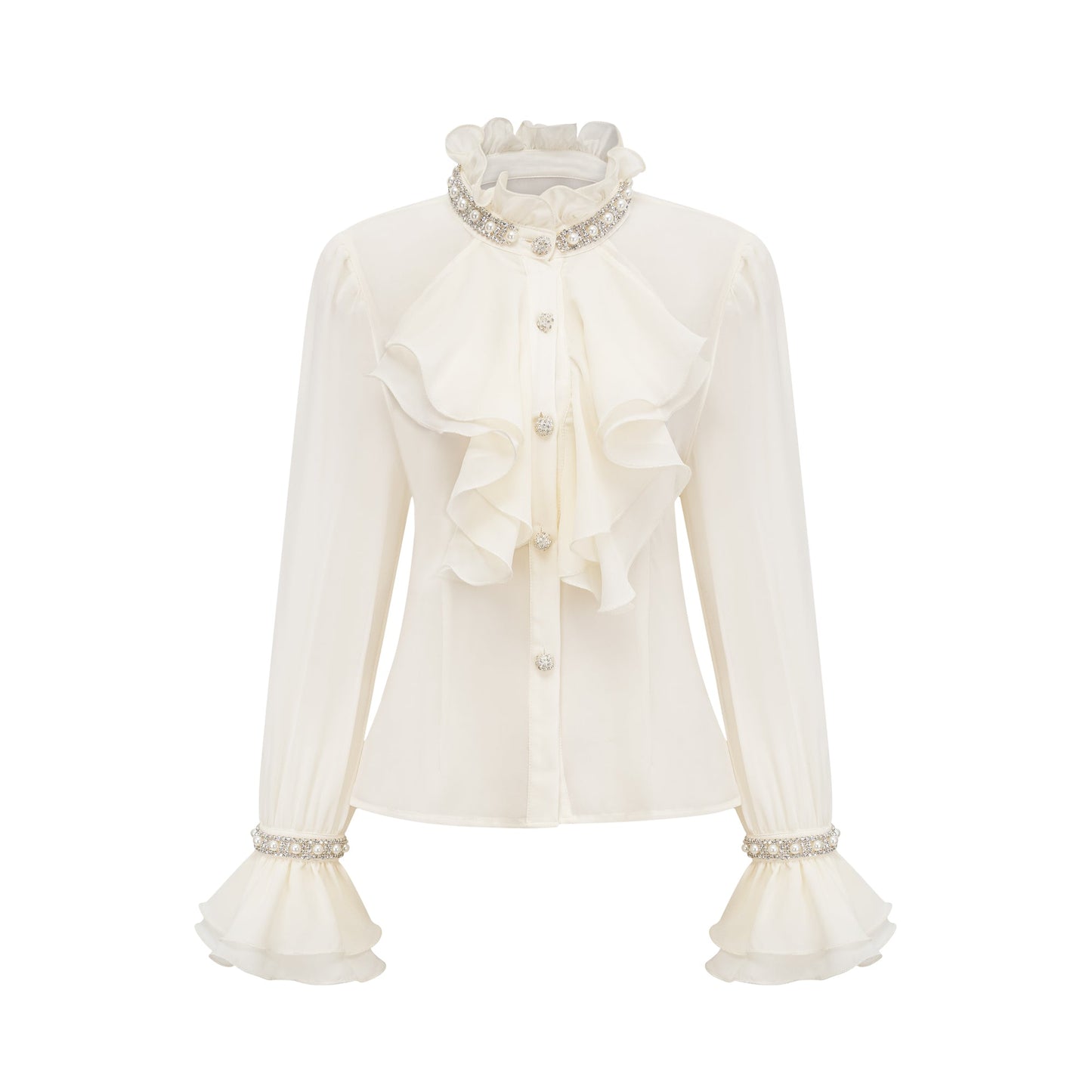 La Rêverie Éclat — Ruffled pearl and crystal blouse
