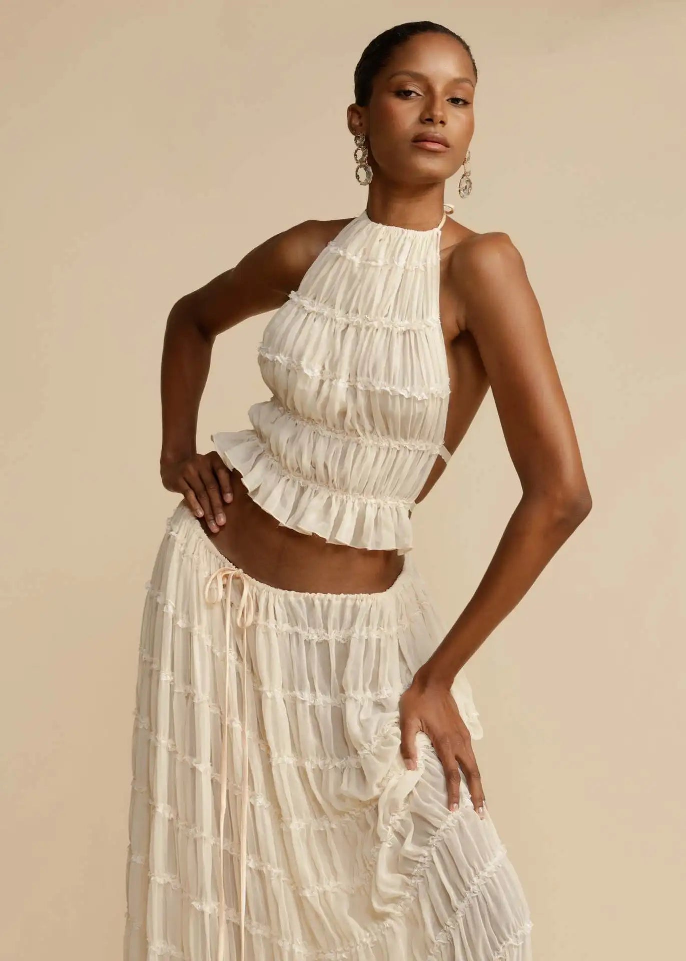 La Calista — Sheer Lace Two-Piece Set in Ivory