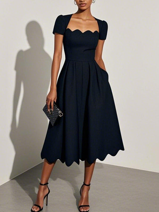 La Margot — Scalloped Square-Neck Midi in Noir