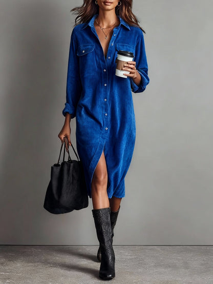 Loose Corduroy Double Chest Pocket Single Breasted Midi Dress