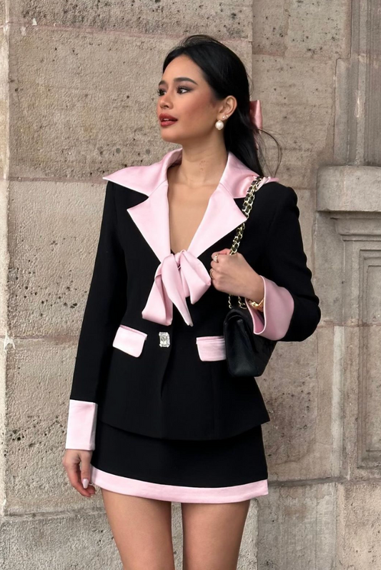 La Tessa — Bow-Detail Tweed Mini Set in Noir