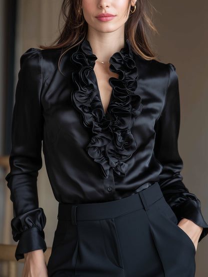 La Volant Noir — Ruffled Satin Blouse