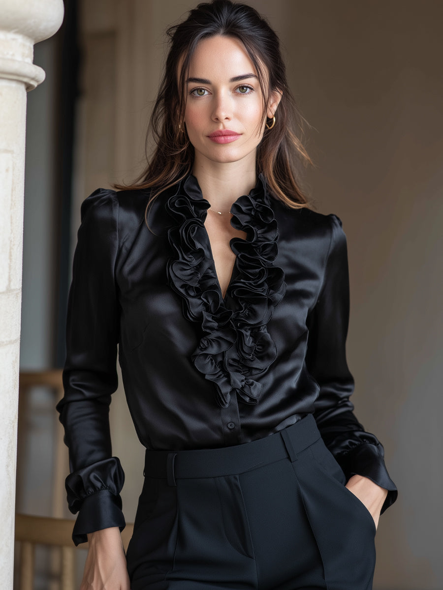 La Volant Noir — Ruffled Satin Blouse