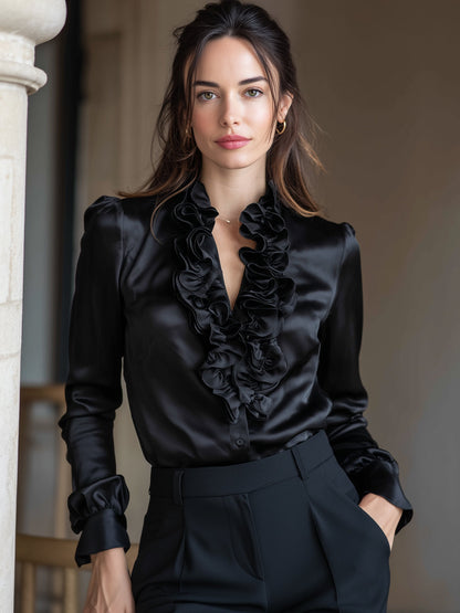 La Volant Noir — Ruffled Satin Blouse