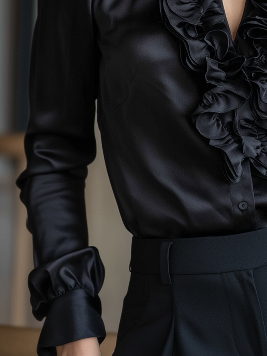 La Volant Noir — Ruffled Satin Blouse