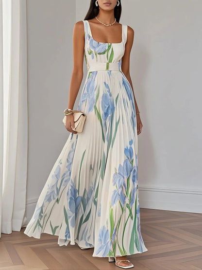 White Pleated Chiffon Maxi Dress