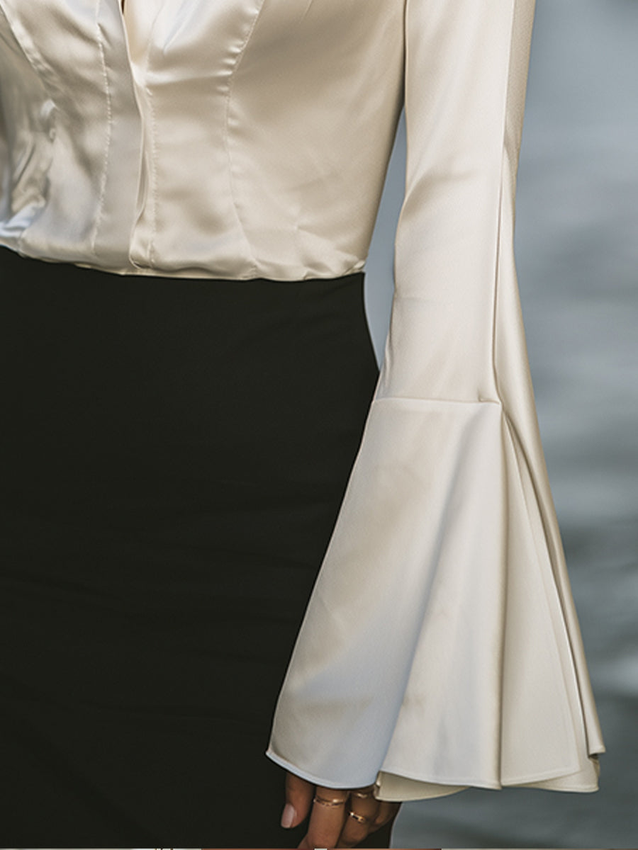 La Soie Architecturée — Silk-Satin Bell Sleeve Blouse