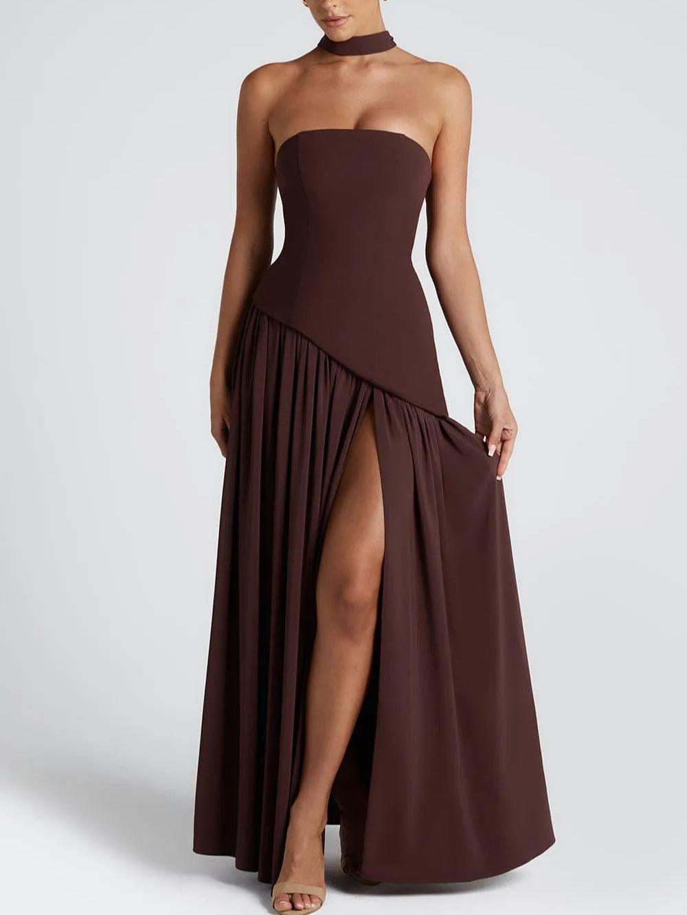 La Maliyah — Strapless Draped Maxi in Plum Brown