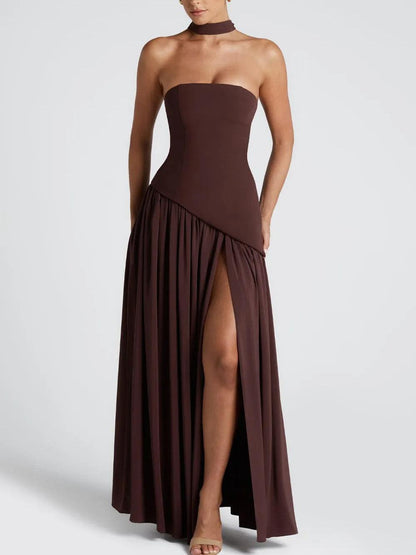 La Maliyah — Strapless Draped Maxi in Plum Brown