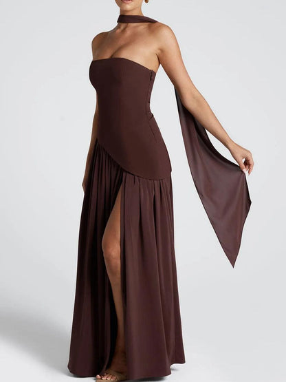 La Maliyah — Strapless Draped Maxi in Plum Brown