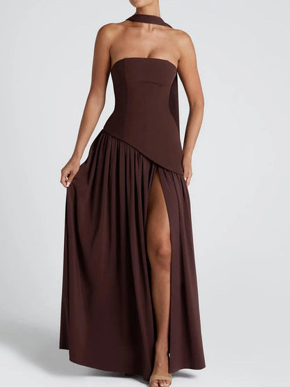 La Maliyah — Strapless Draped Maxi in Plum Brown